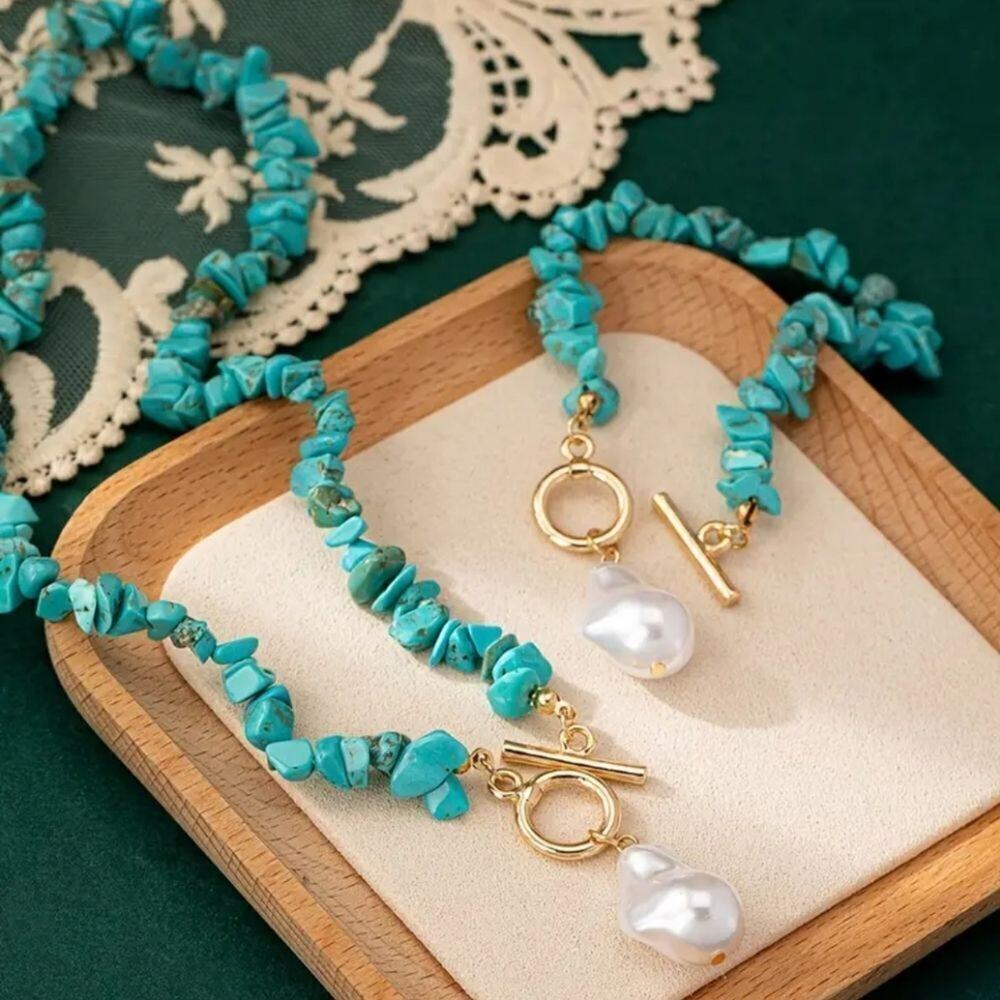 Turquoise and Pearl Beaded Golden Necklace and Bracelet Set Fashion Jewelry
